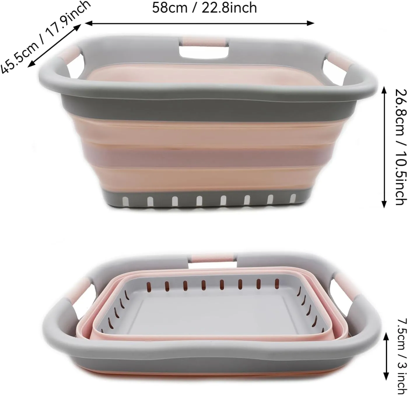 SAMMART 41L Collapsible Plastic Laundry Basket - Foldable Pop Up Storage Container/Organizer - Portable Basket - Space Saving Hamper/Basket (3 handled rectangular, Grey/Pink)