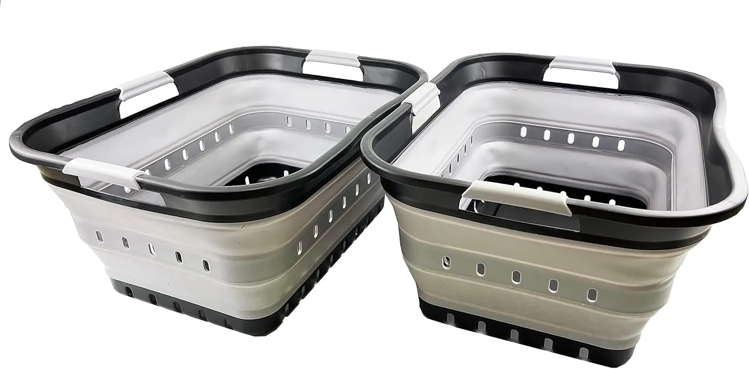 SAMMART 42L (11 gallon) Collapsible Plastic Laundry Basket - Foldable Pop Up Storage Container/Organizer - Portable Basket - Space Saving Hamper (Black/Alloy Grey (Set of 2))