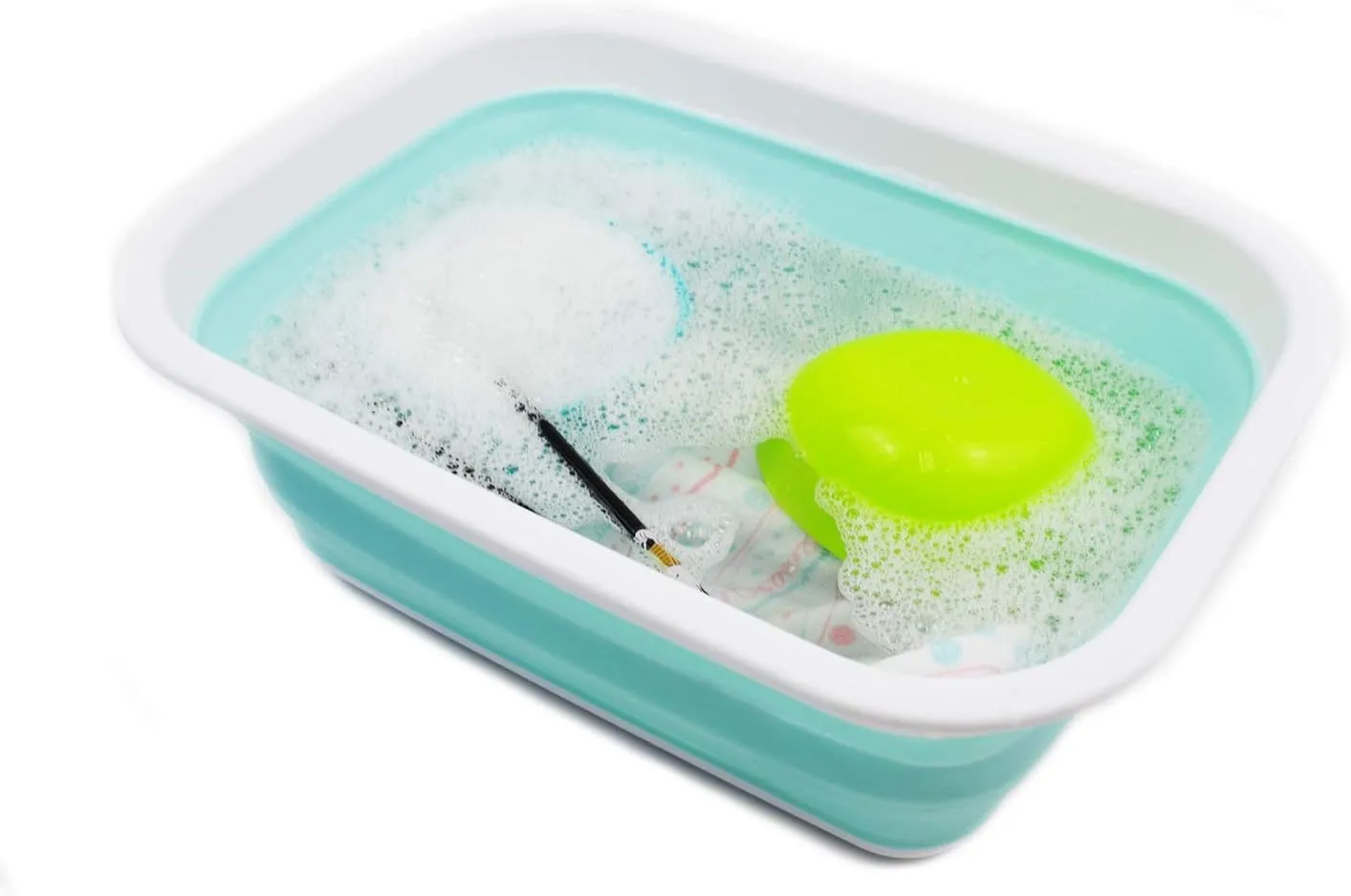 SAMMART 9.2L (2.37Gallon) Collapsible Tub - Portable Outdoor Picnic Basket/Crater - Foldable Shopping Bag - Space Saving Storage Container (M, White/Lake Green)