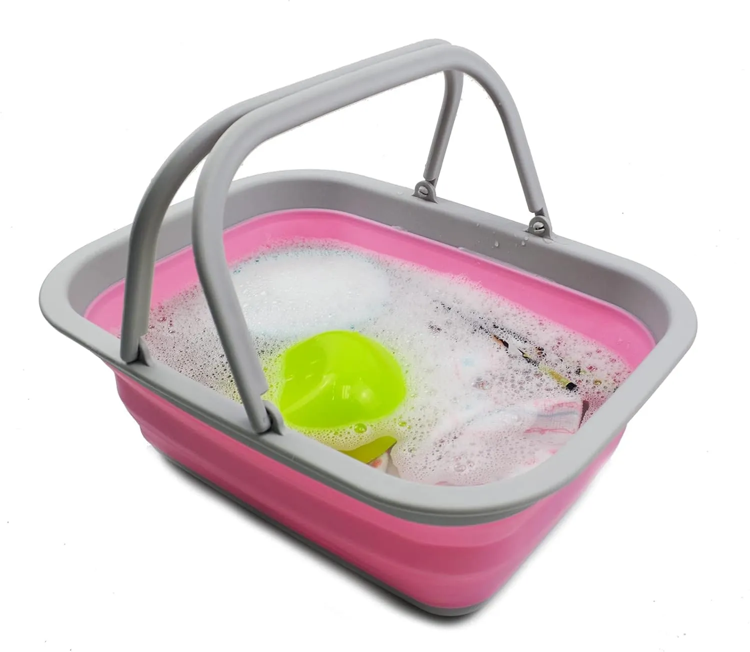 SAMMART 9.2L (2.37Gallon) Collapsible Tub with Handle - Portable Outdoor Picnic Basket/Crater - Foldable Shopping Bag - Space Saving Storage Container (1, Grey/Pink)