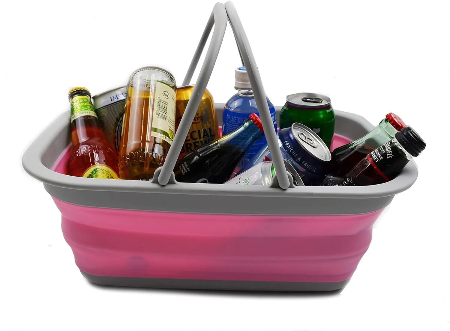 SAMMART 9.2L (2.37Gallon) Collapsible Tub with Handle - Portable Outdoor Picnic Basket/Crater - Foldable Shopping Bag - Space Saving Storage Container (1, Grey/Pink)