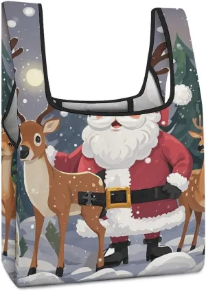 Santa Claus And Deer Elk Tote Bag Reusable Shopping Handbag Washable Foldable Grocery Tote for Picnic Shopping
