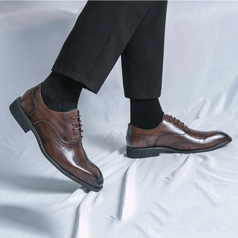 Santimon Men's Leather Oxford Dress Shoes with Perforated Brogues Details Lace-Up Formal & Business Derby Shoes