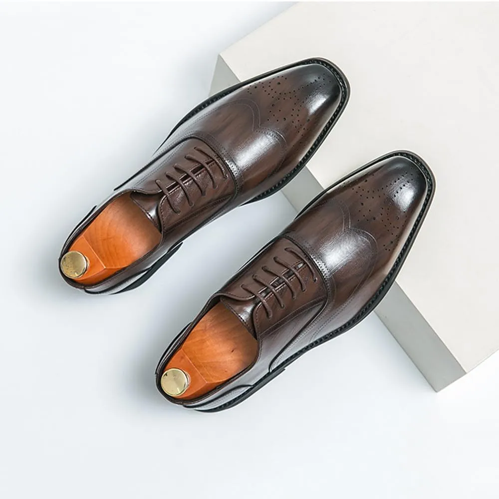 Santimon Men's Leather Oxford Dress Shoes with Perforated Brogues Details Lace-Up Formal & Business Derby Shoes