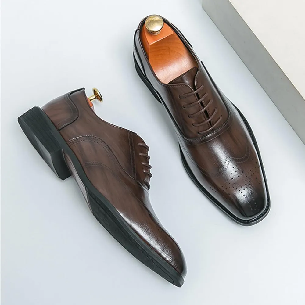 Santimon Men's Leather Oxford Dress Shoes with Perforated Brogues Details Lace-Up Formal & Business Derby Shoes