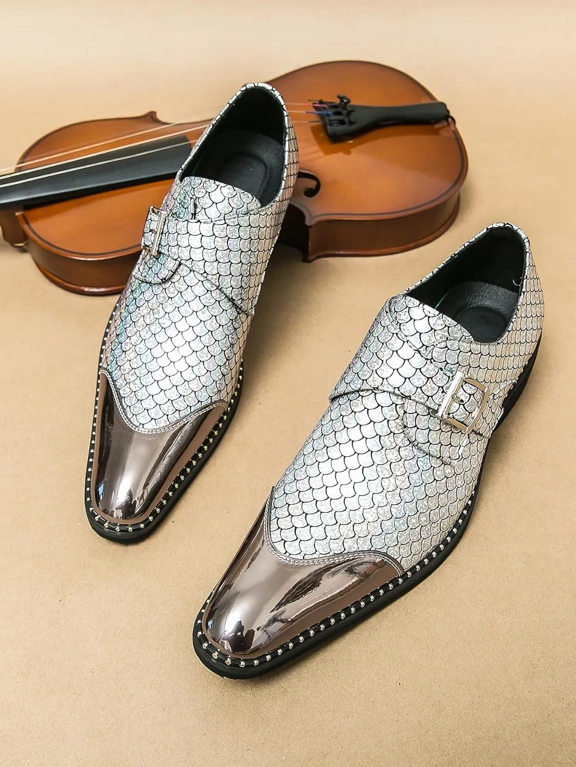 Santimon Men's Loafers Leather Gold & Silver Cap Toe Buckle Monk Shoes Party Wedding Prom Business Shoes