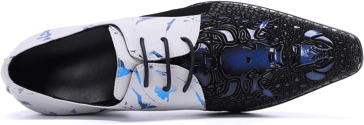 Santimon Mens Oxford Dress Shoes Patent Genuine Leather Pointed Toe Ballroom Floral Carving Wedding Brogue Derby Dance Shoes