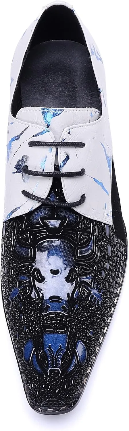 Santimon Mens Oxford Dress Shoes Patent Genuine Leather Pointed Toe Ballroom Floral Carving Wedding Brogue Derby Dance Shoes
