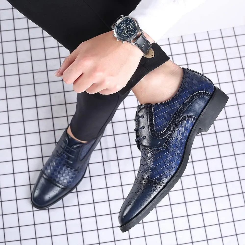 Santimon Mens Woven Leather Dress Shoes Wingtip Lace Up Oxfords Classic Formal Derby