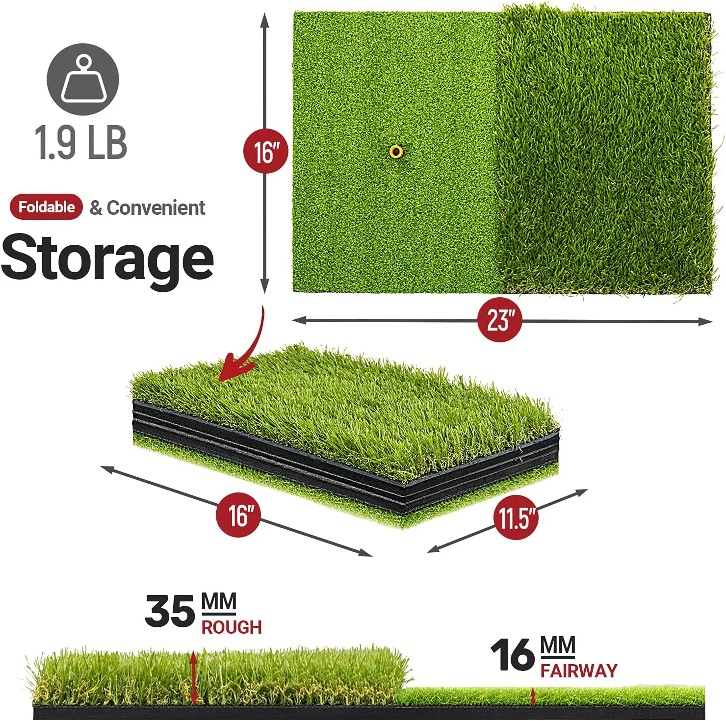 SAPLIZE Foldable Heavy-Duty Golf Hitting Mat, Practice Mat with 10mm EVA Rubber Backing, Larger Size for Indoor/Outdoor Swing and Chipping Practice, Anti-Deformation