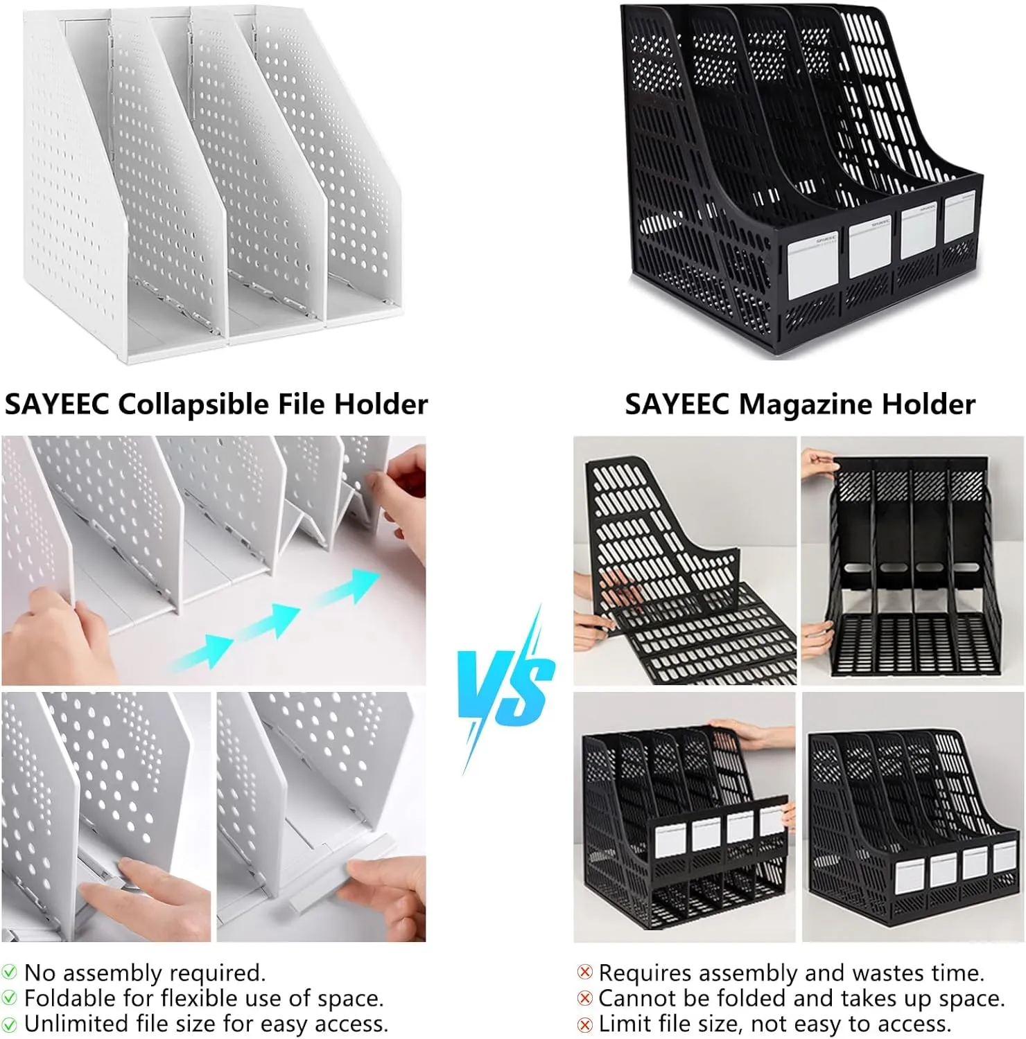 SAYEEC 2Pcs Collapsible Plastic Magazine File Holder Vertical Binder Storage Organizer for Desk Sturdy Upright Desktop Magazine Organizer Folder Rack for Office School Home (3 Compartments, Gray)