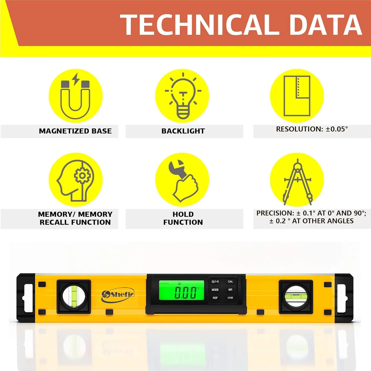 Shefio Digital Level - 18 Inch Magnetic, IP54 Dustproof and Waterproof - Protractor - Includes Batteries and Carrying Case