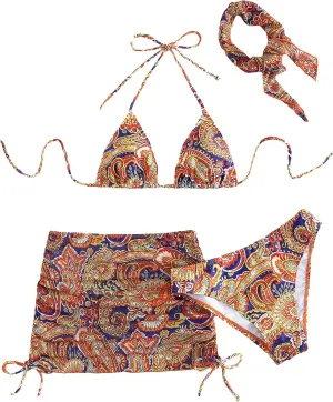 SHENHE Women's 4 Piece Paisley Swimsuit Halter Tie Back Sexy Triangle Bikini Sets with Cover Up