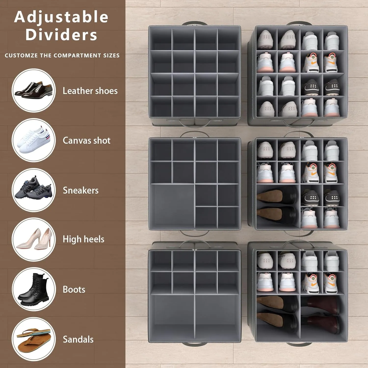 Shoe Organizer for Closet- Fits 16 Pairs, Large Foldable Shoe Storage with Clear Cover, Grey Adjustable Dividers Shoe Containers with Mesh Pockets and Pull Handles,Grey