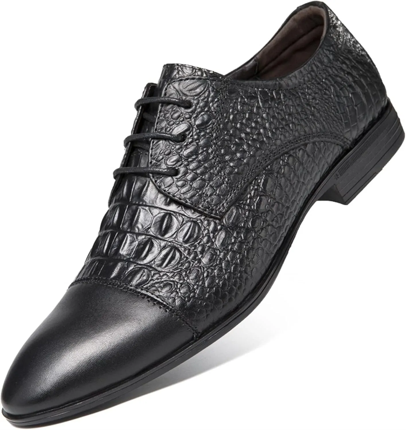 Single Season Formal Shoes for Men Lace Up Crocodile Print Derby Shoes Round Cap Toe Leather Rubber Sole Non Slip Block Heel Classic Very Popular Among Young People