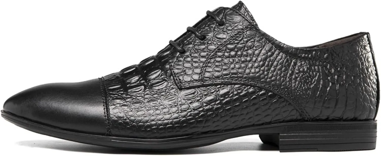 Single Season Formal Shoes for Men Lace Up Crocodile Print Derby Shoes Round Cap Toe Leather Rubber Sole Non Slip Block Heel Classic Very Popular Among Young People