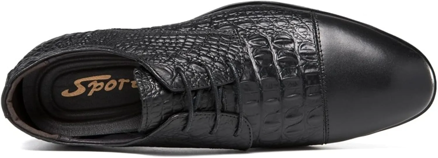 Single Season Formal Shoes for Men Lace Up Crocodile Print Derby Shoes Round Cap Toe Leather Rubber Sole Non Slip Block Heel Classic Very Popular Among Young People