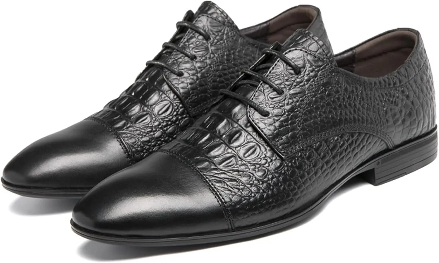 Single Season Formal Shoes for Men Lace Up Crocodile Print Derby Shoes Round Cap Toe Leather Rubber Sole Non Slip Block Heel Classic Very Popular Among Young People