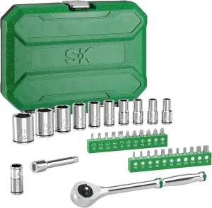 SK 1/4" Drive Socket Set with 216-P Quick-Release Ratchet, Socket Bits Set, 35-Piece, SAE, SuperKrome Finish, with Storage Toolbox