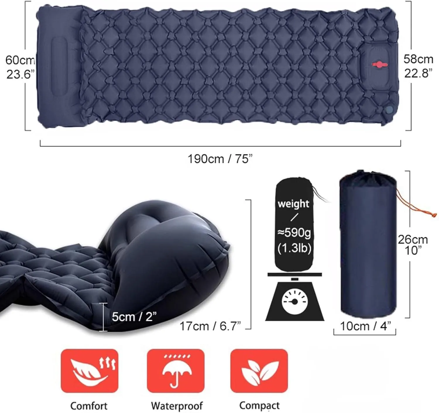 Sleeping Pad for Camping, Ultralight Foldable Camping Mattress with Pillow Built-in Foot Pump, for Backpacking, Hiking & Travel(Color:Navy)
