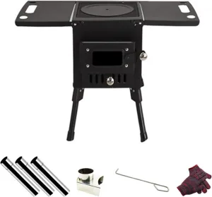 Small Wood Stove Portable,Wood Burning Camping Stove viewable window,Outdoor Tent Camping Stove Stainless Steel,with Chimney Pipes,for Cooking and Heating ( Color : Black , Battery *1 : 40x30x39.5cm )