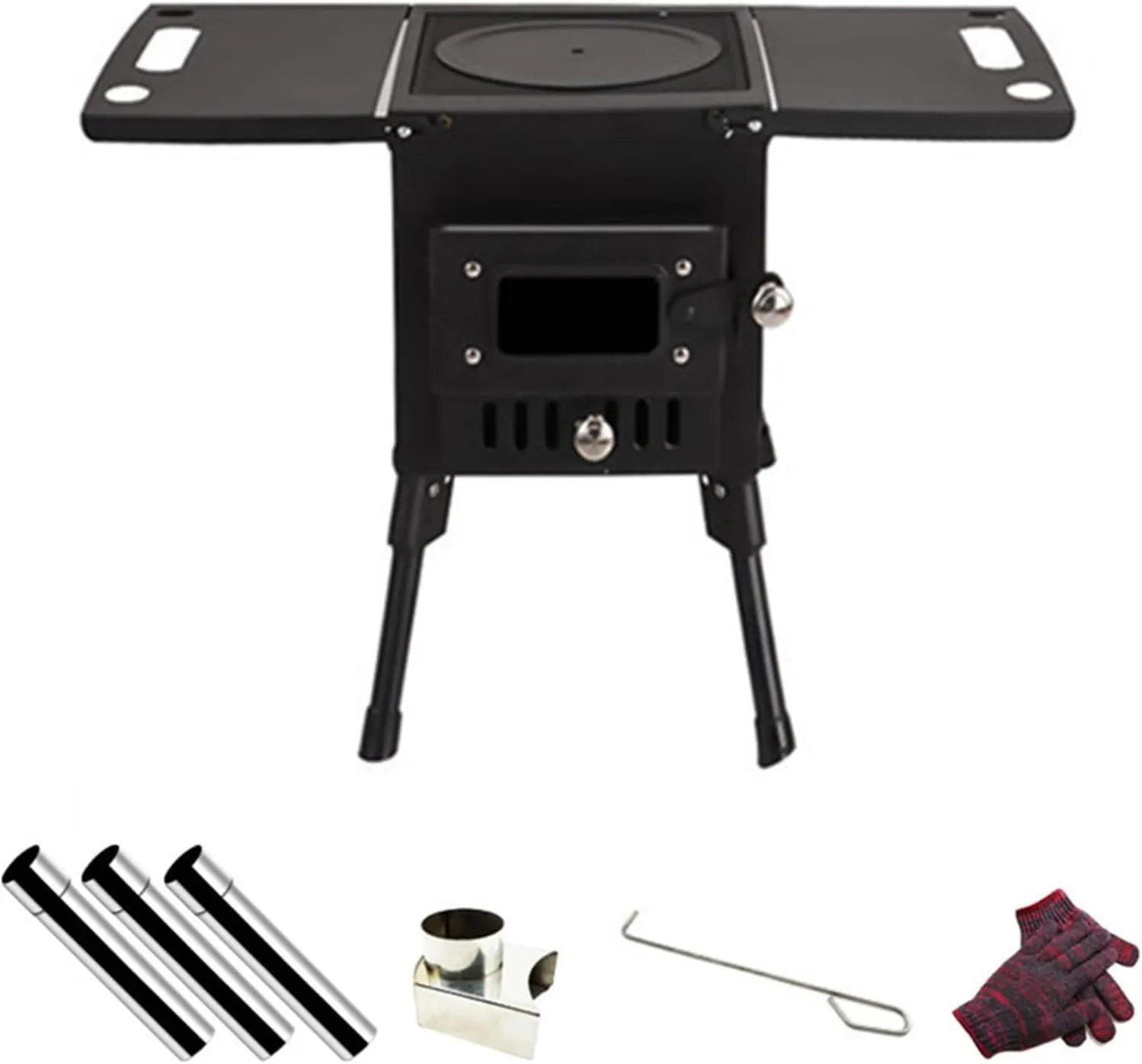 Small Wood Stove Portable,Wood Burning Camping Stove viewable window,Outdoor Tent Camping Stove Stainless Steel,with Chimney Pipes,for Cooking and Heating ( Color : Black , Battery *1 : 40x30x39.5cm )