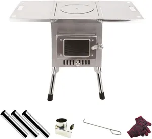 Small Wood Stove Portable,Wood Burning Camping Stove viewable window,Outdoor Tent Camping Stove Stainless Steel,with Chimney Pipes,for Cooking and Heating ( Color : Silver , Battery *1 : 28x22x37cm )