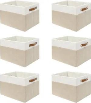 SNWDN 6 Pack Fabric Storage Baskets for Organizing Collapsible Fabric Storage Bins with Handles for Home and Office Organizing (White/Beige 15''Lx10.2''Wx9''H)