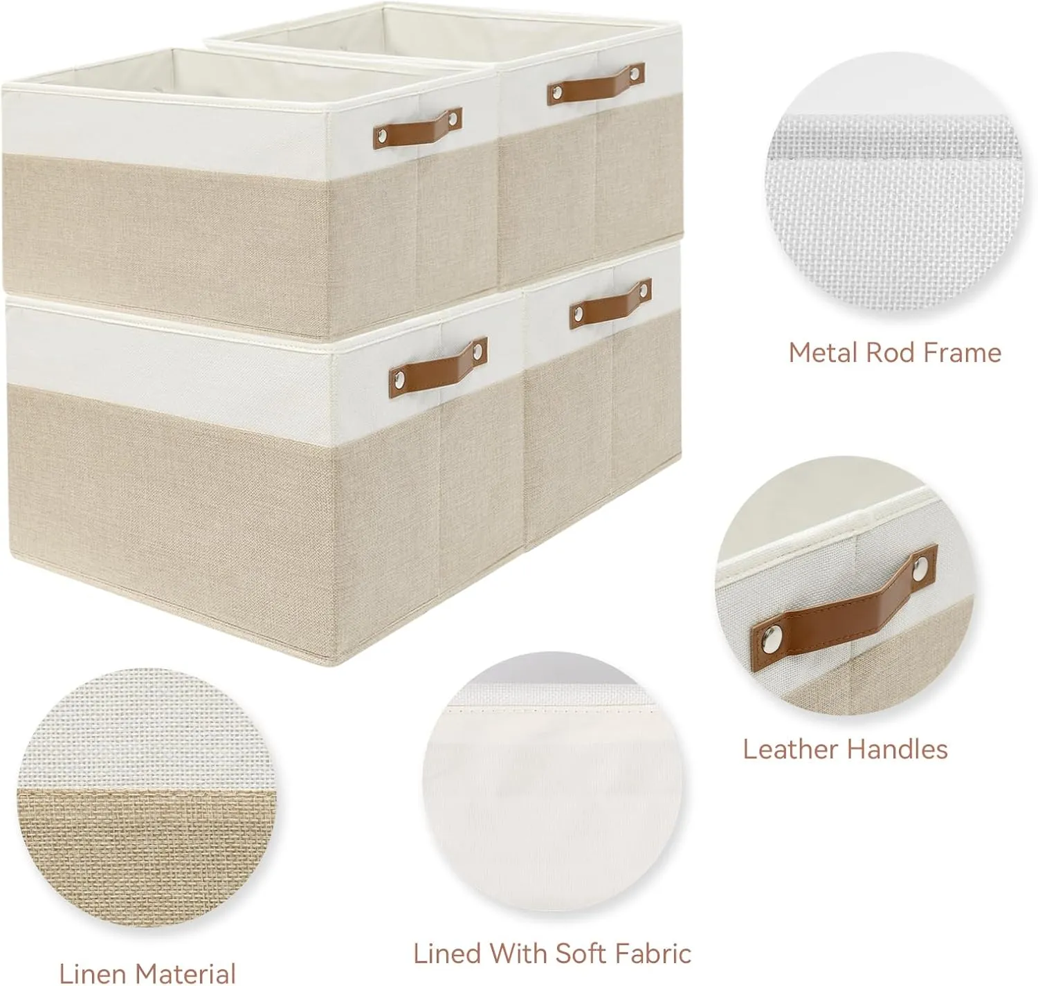 SNWDN 6 Pack Fabric Storage Baskets for Organizing Collapsible Fabric Storage Bins with Handles for Home and Office Organizing (White/Beige 15''Lx10.2''Wx9''H)