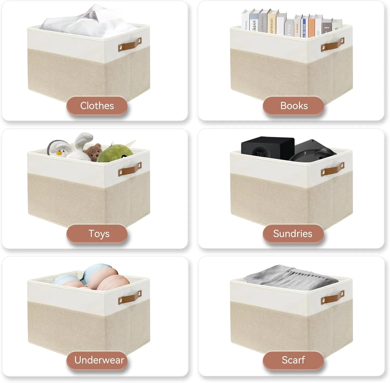 SNWDN 6 Pack Fabric Storage Baskets for Organizing Collapsible Fabric Storage Bins with Handles for Home and Office Organizing (White/Beige 15''Lx10.2''Wx9''H)