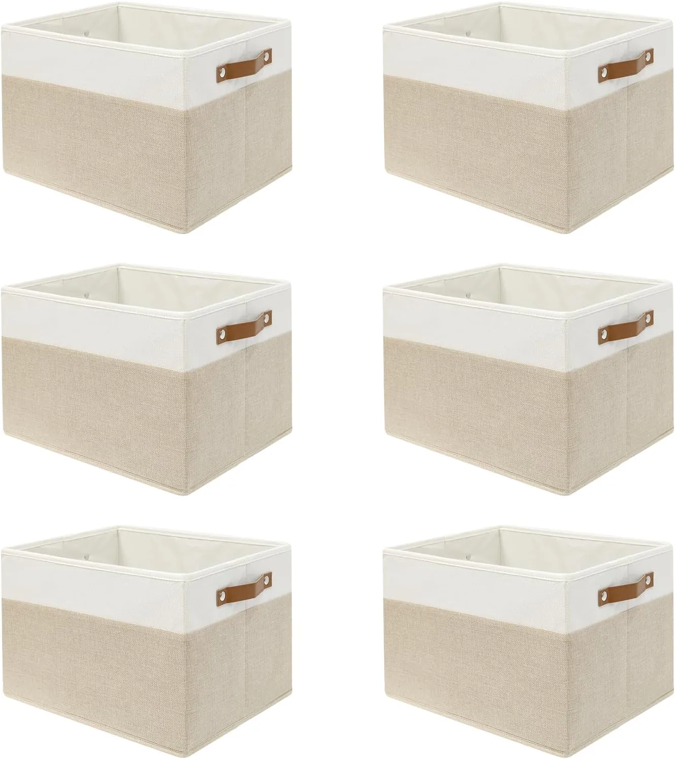 SNWDN 6 Pack Fabric Storage Baskets for Organizing Collapsible Fabric Storage Bins with Handles for Home and Office Organizing (White/Beige 15''Lx10.2''Wx9''H)