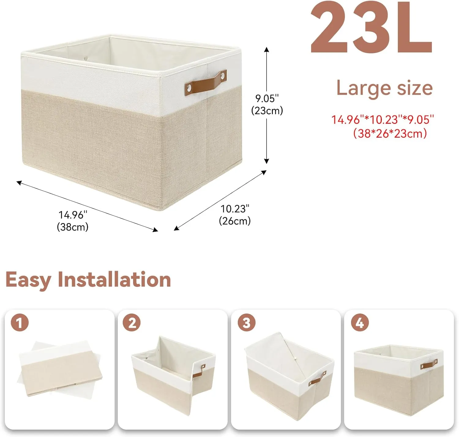 SNWDN 6 Pack Fabric Storage Baskets for Organizing Collapsible Fabric Storage Bins with Handles for Home and Office Organizing (White/Beige 15''Lx10.2''Wx9''H)