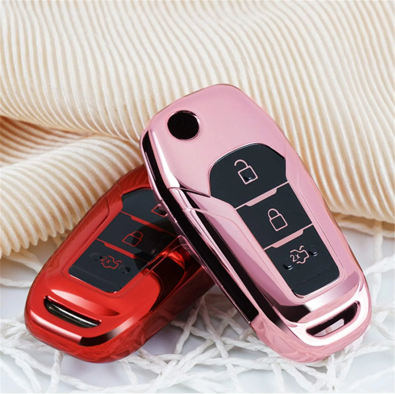 Soft TPU Case Protector Key Fob Cover for Ford EcoSport Escort Explorer F-150 F-250 F-350 F-450 F-550 Super Duty Mondeo Ranger Titanium Flip Car Key Shell - Glossy Red - Metal Keychain
