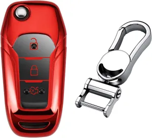 Soft TPU Case Protector Key Fob Cover for Ford EcoSport Escort Explorer F-150 F-250 F-350 F-450 F-550 Super Duty Mondeo Ranger Titanium Flip Car Key Shell - Glossy Red - Metal Keychain