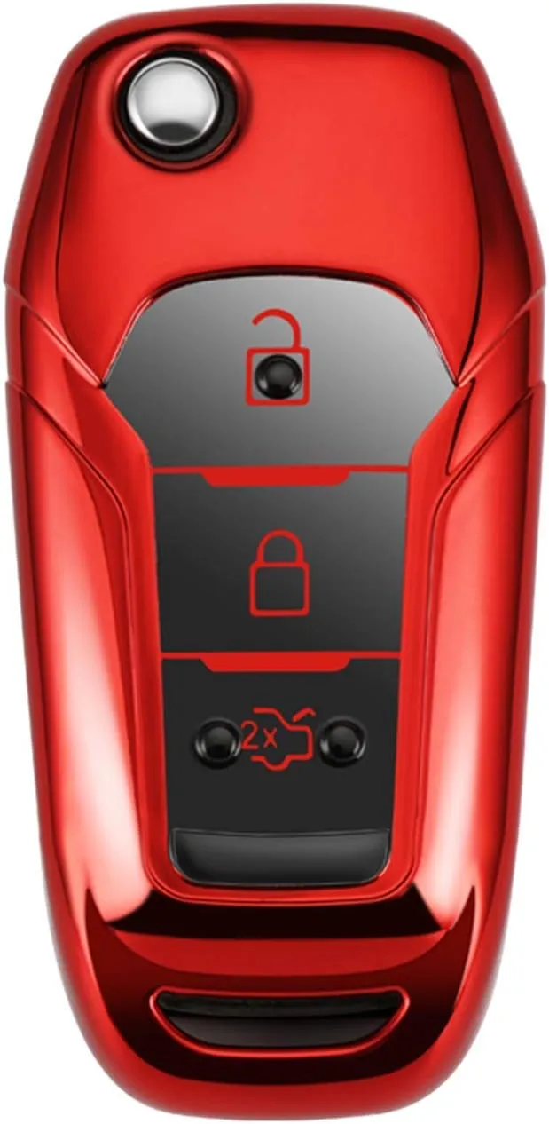 Soft TPU Case Protector Key Fob Cover for Ford EcoSport Escort Explorer F-150 F-250 F-350 F-450 F-550 Super Duty Mondeo Ranger Titanium Flip Car Key Shell - Glossy Red - Metal Keychain