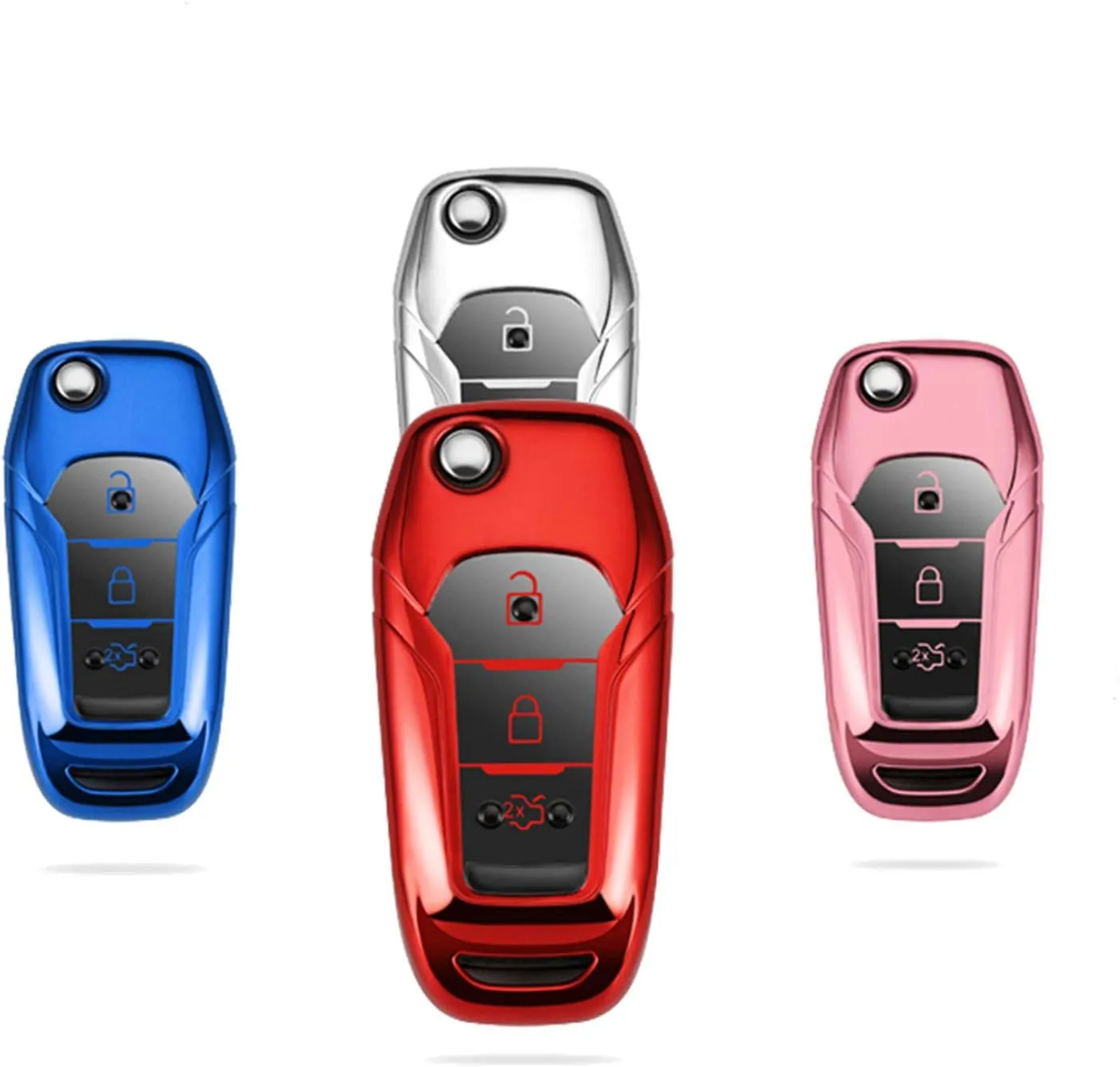 Soft TPU Case Protector Key Fob Cover for Ford EcoSport Escort Explorer F-150 F-250 F-350 F-450 F-550 Super Duty Mondeo Ranger Titanium Flip Car Key Shell - Glossy Red - Metal Keychain