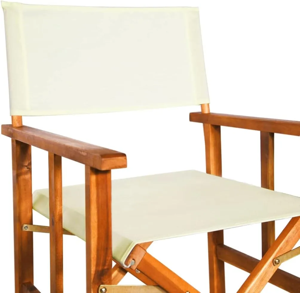 Solid Acacia Wood Folding Director's Chairs Set of 2, Brown and Cream Outdoor Patio Lounge Chairs with Durable Fabric for Camping Beach Poolside Tanning