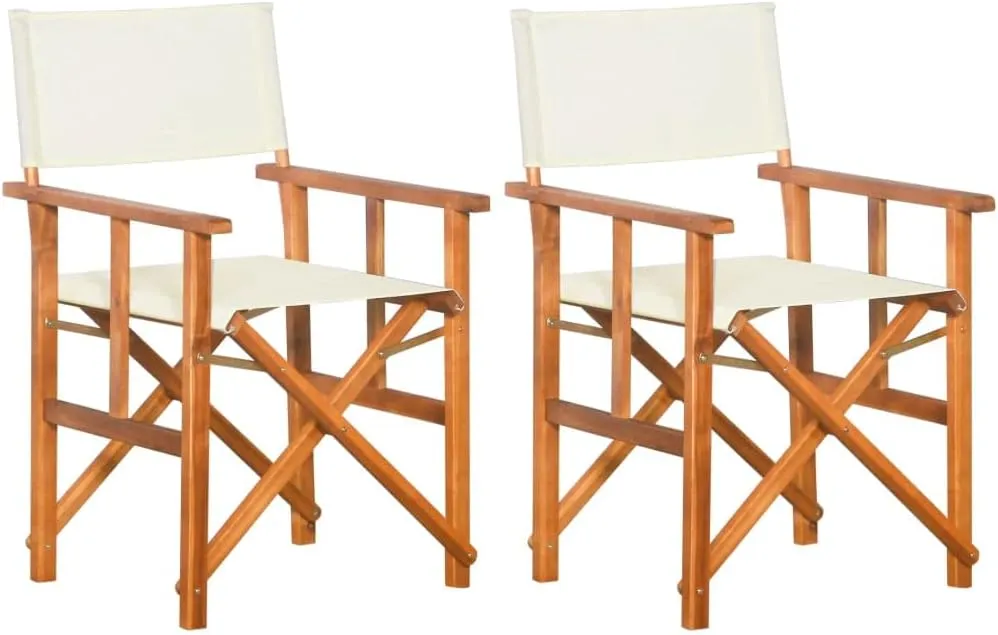 Solid Acacia Wood Folding Director's Chairs Set of 2, Brown and Cream Outdoor Patio Lounge Chairs with Durable Fabric for Camping Beach Poolside Tanning