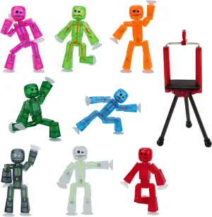 StikBot Zing, Set of 8 Clear Collectable Action Figures and Mobile Phone Tripod, Create Stop Motion Animation, Great for Kids Ages 4 and Up
