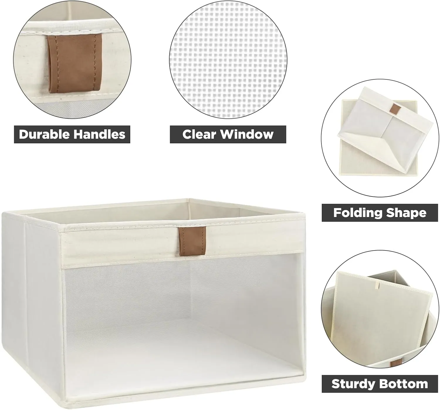 Storage Bins with Clear Window, Linen Closet Organizers and Storage, Closet Storage Shelves Box, Foldable Cloth Basket for Towels, Books, Toys, 10.75" x 10.75" x 7.5", Beige, 4-pack