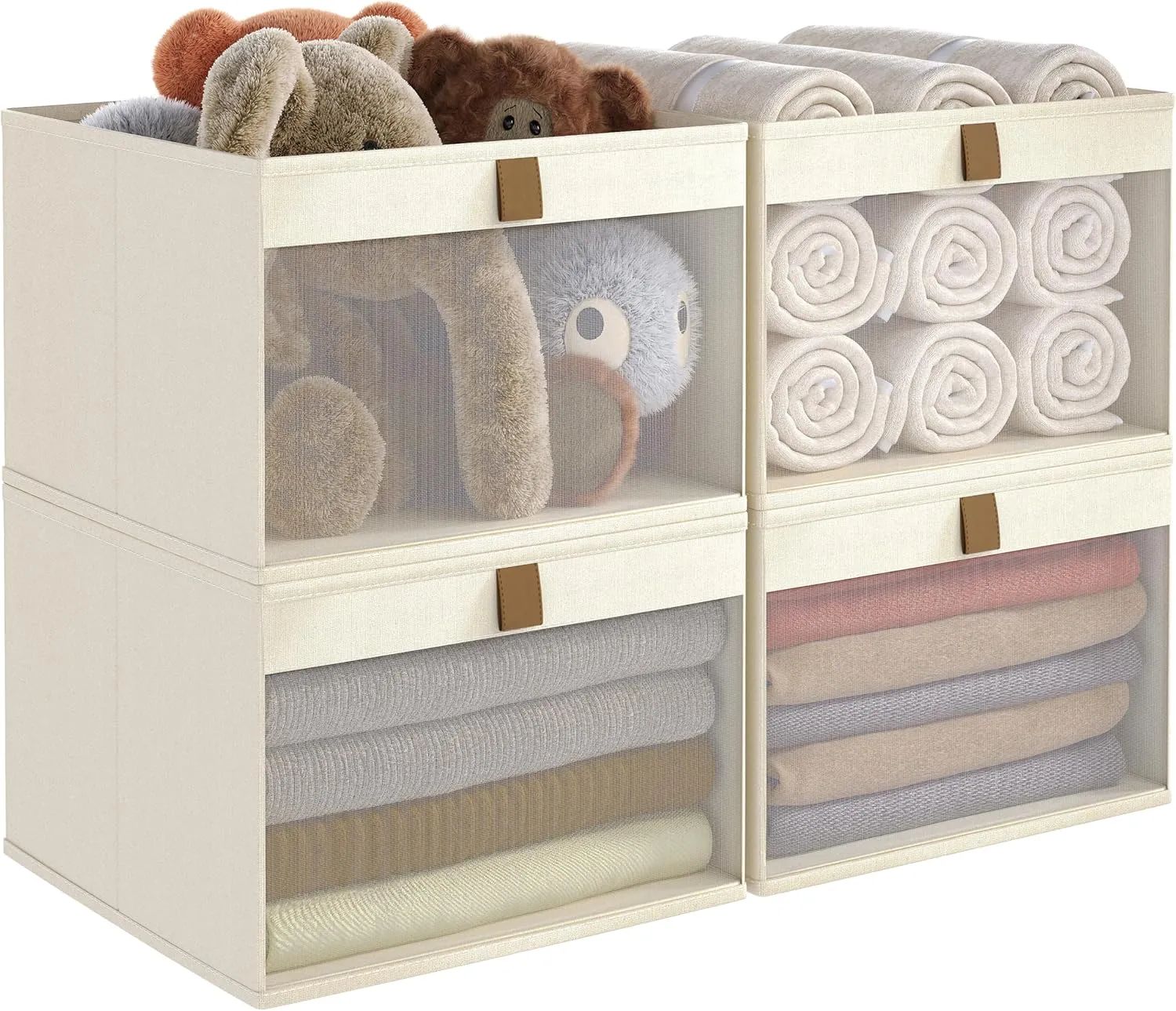 Storage Bins with Clear Window, Linen Closet Organizers and Storage, Closet Storage Shelves Box, Foldable Cloth Basket for Towels, Books, Toys, 10.75" x 10.75" x 7.5", Beige, 4-pack