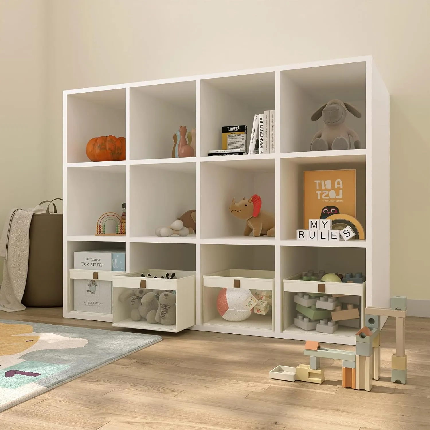 Storage Bins with Clear Window, Linen Closet Organizers and Storage, Closet Storage Shelves Box, Foldable Cloth Basket for Towels, Books, Toys, 10.75" x 10.75" x 7.5", Beige, 4-pack