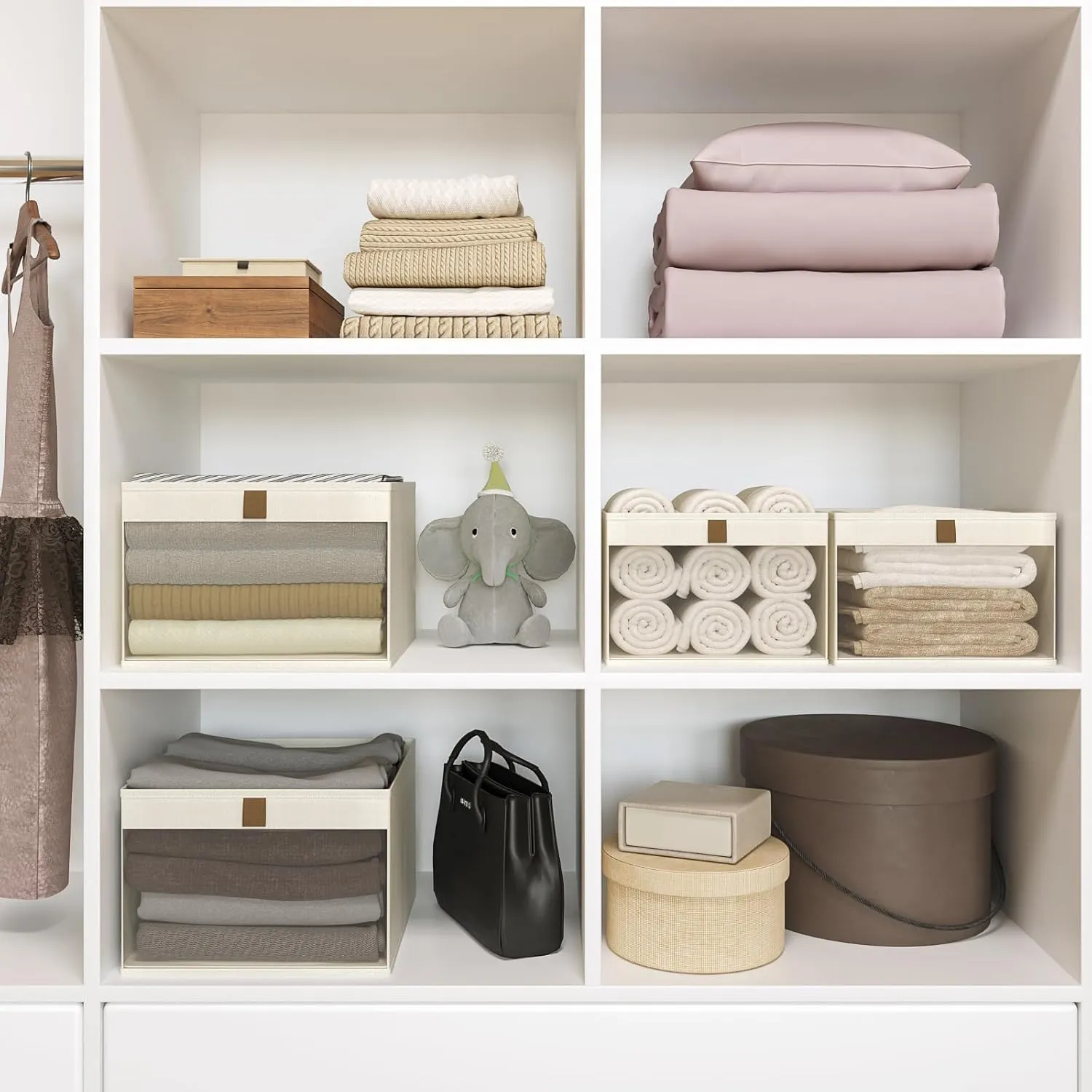 Storage Bins with Clear Window, Linen Closet Organizers and Storage, Closet Storage Shelves Box, Foldable Cloth Basket for Towels, Books, Toys, 10.75" x 10.75" x 7.5", Beige, 4-pack