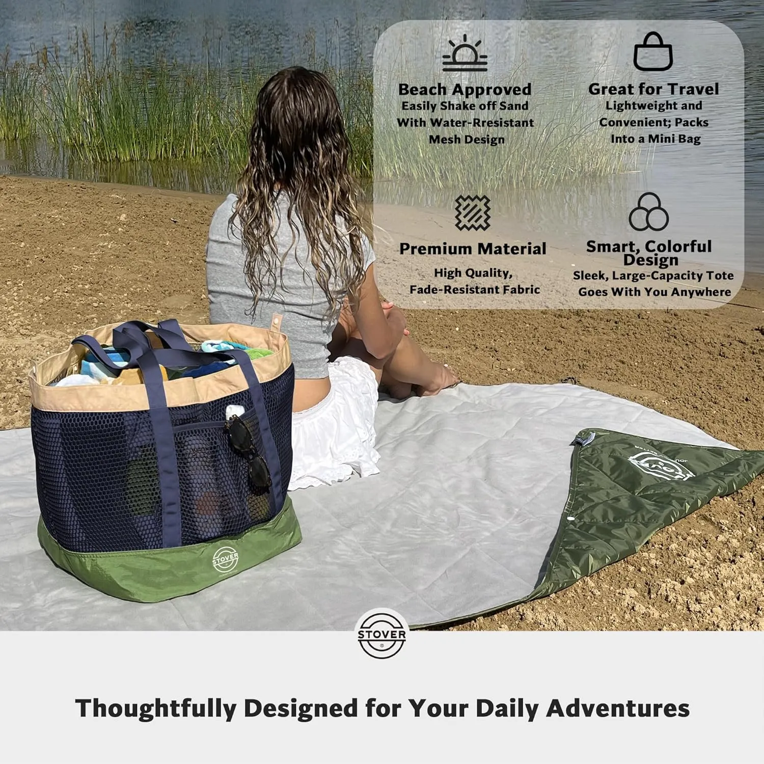 STOVER Large Mesh Beach Bag, Vacation, Pool, Shopping, & Travel Tote - Foldable w/Storage Pockets for Women, Men & Families