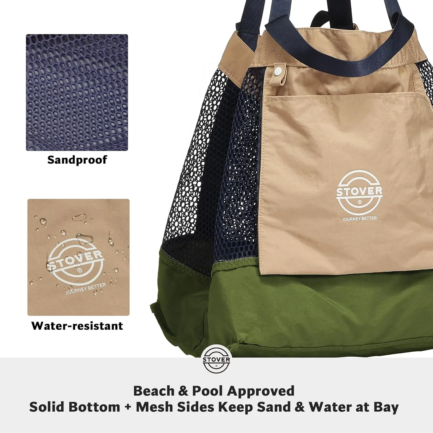 STOVER Large Mesh Beach Bag, Vacation, Pool, Shopping, & Travel Tote - Foldable w/Storage Pockets for Women, Men & Families