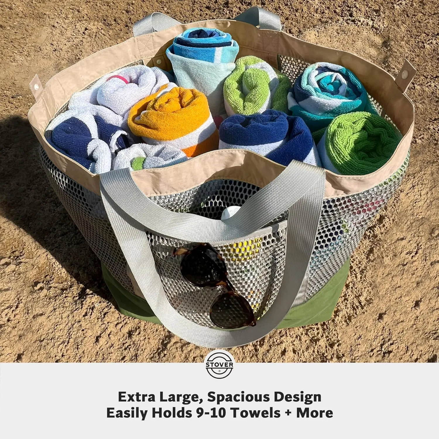 STOVER Large Mesh Beach Bag, Vacation, Pool, Shopping, & Travel Tote - Foldable w/Storage Pockets for Women, Men & Families