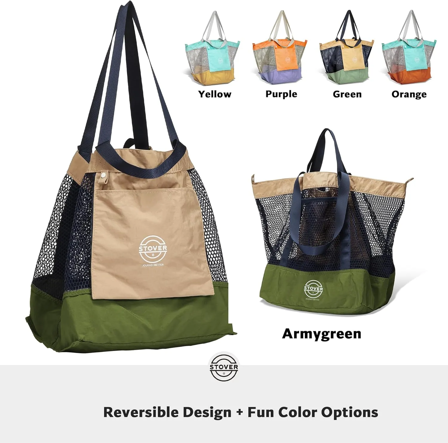 STOVER Large Mesh Beach Bag, Vacation, Pool, Shopping, & Travel Tote - Foldable w/Storage Pockets for Women, Men & Families