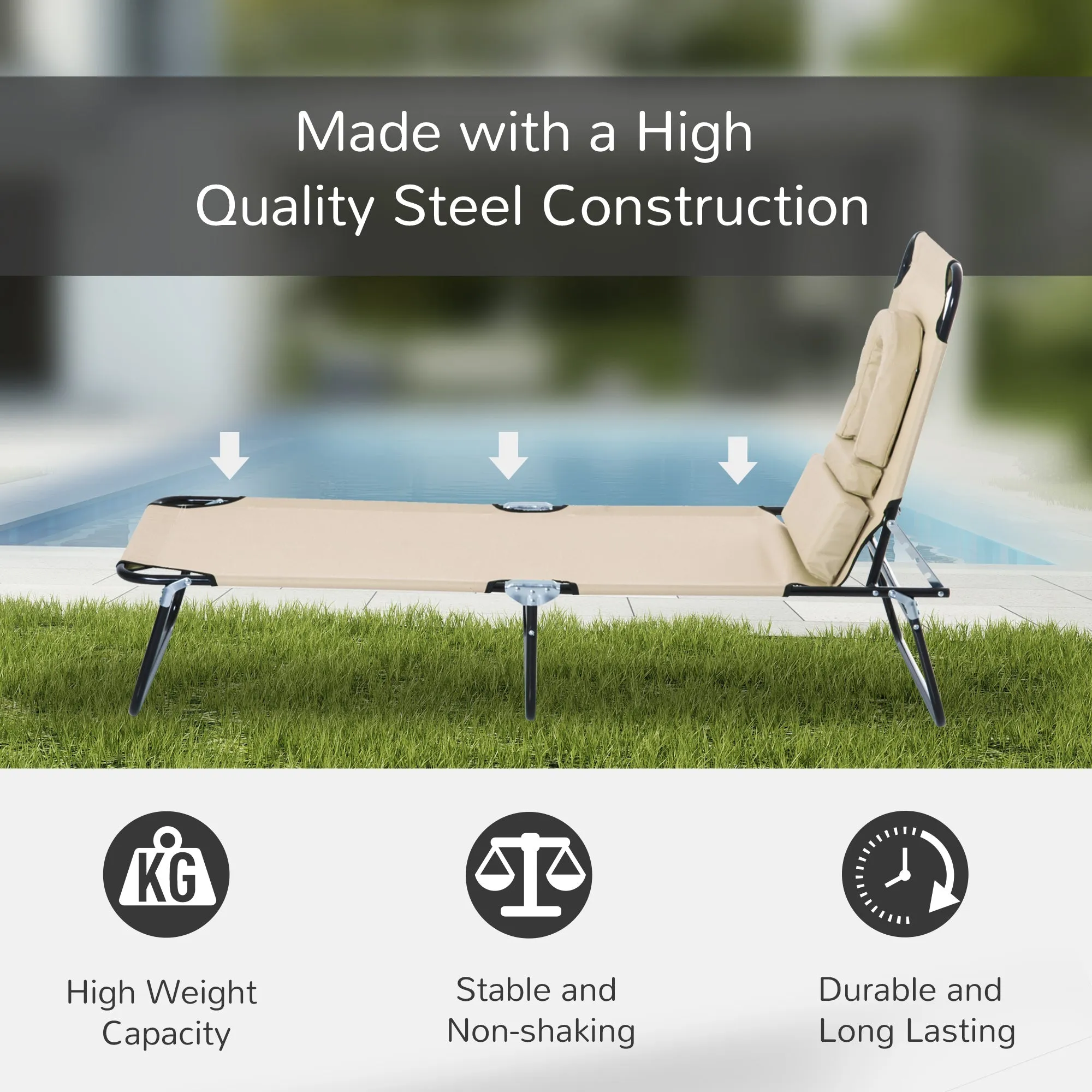Sun Lounger Foldable Reclining Chair with Pillow and Reading Hole Garden Beach Outdoor Recliner Adjustable Beige