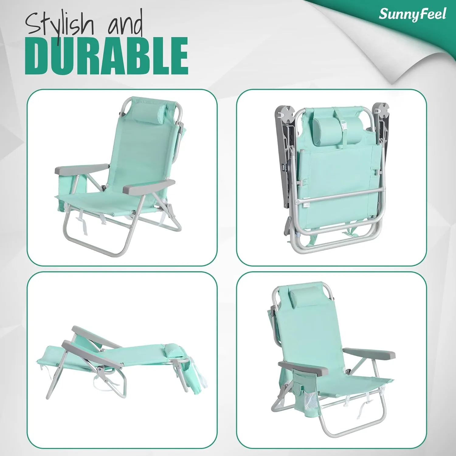 SUNNYFEEL Low Beach Chairs for Adults 5 Position Lay Flat, Portable Folding Backpack Beach Chair Heavy Duty with Cooler Bag, Cup Holder for Outdoor/Lawn/Picnic/Sand, Foldable Camping Chair
