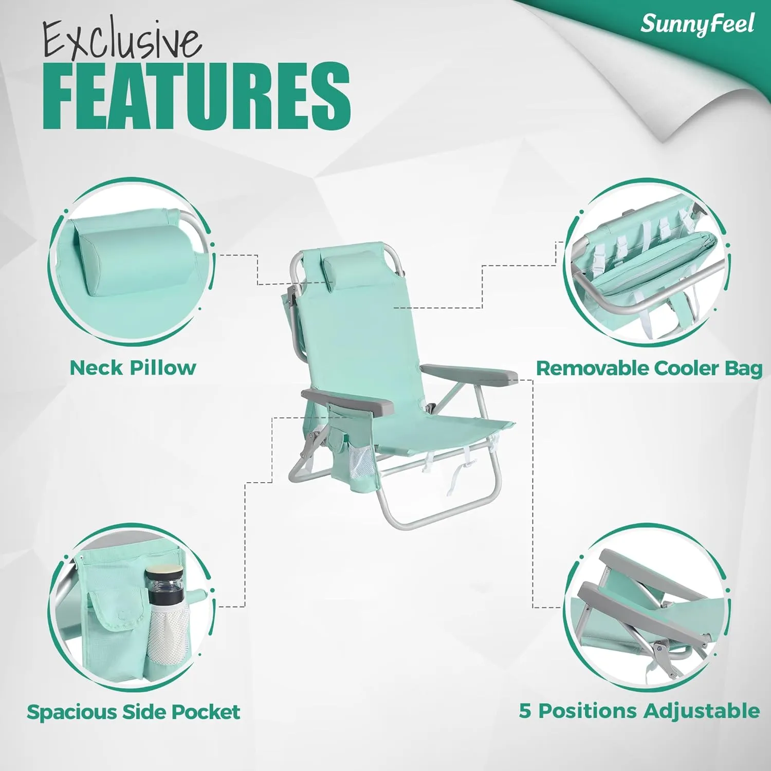 SUNNYFEEL Low Beach Chairs for Adults 5 Position Lay Flat, Portable Folding Backpack Beach Chair Heavy Duty with Cooler Bag, Cup Holder for Outdoor/Lawn/Picnic/Sand, Foldable Camping Chair